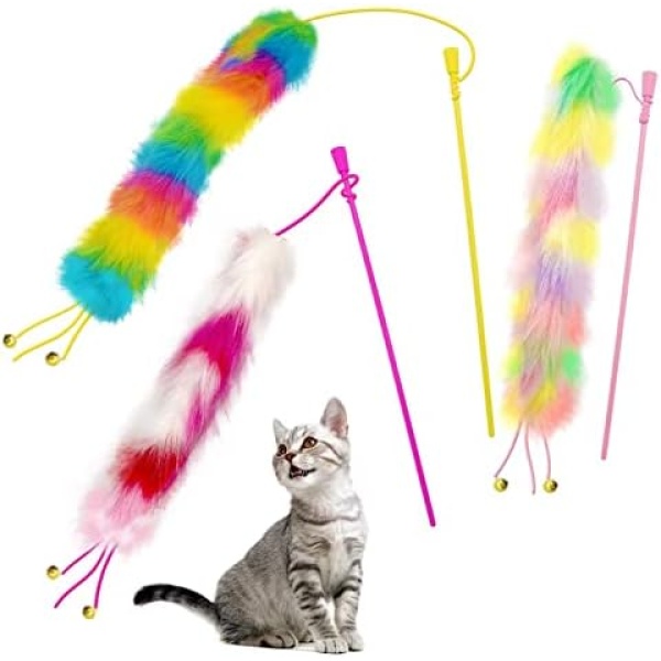 3 Pack Cat Wand Toy, Rainbow Cat Feather Toys with Bells, Teaser Wand