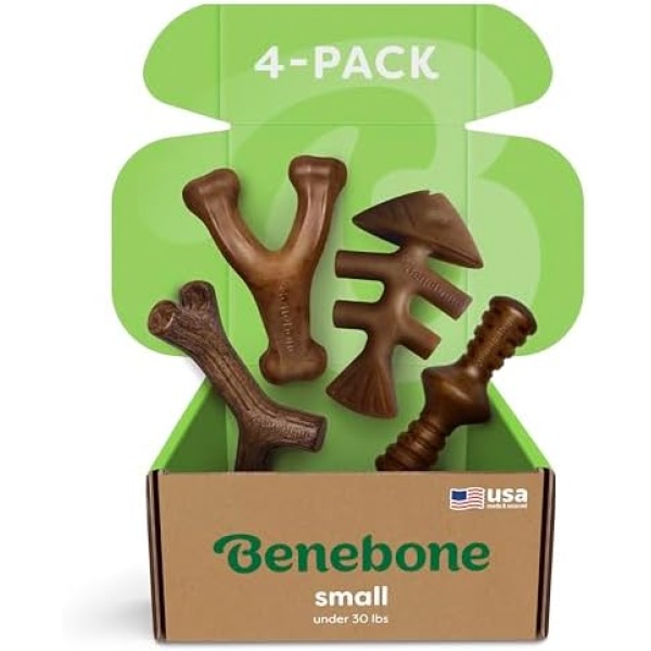 Benebone Small 4-Pack Dog Chew Toys for Aggressive Chewers, Made in USA, 30lbs