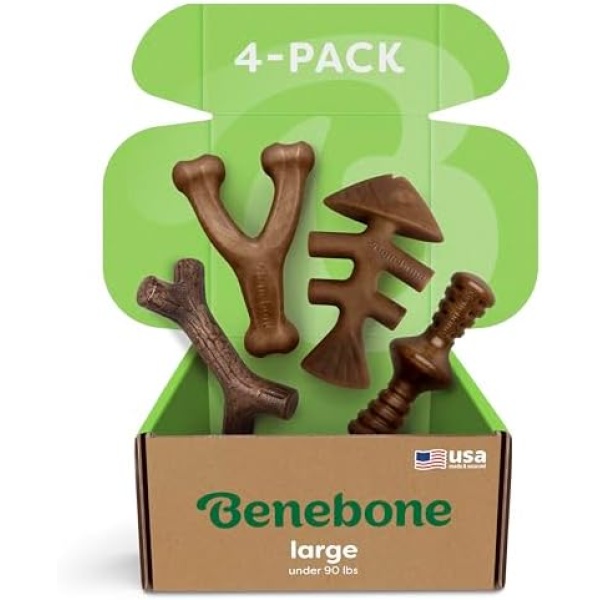 Benebone Large 4-Pack Dog Chew Toys for Aggressive Chewers, Made in USA, 90lbs