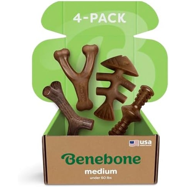 Benebone Medium 4-Pack Dog Chew Toys for Aggressive Chewers, Made in USA, 60lbs