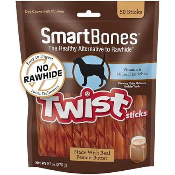 SmartBones Smart Twist Sticks With Peanut Butter 50 Count, Rawhide-Free Chews