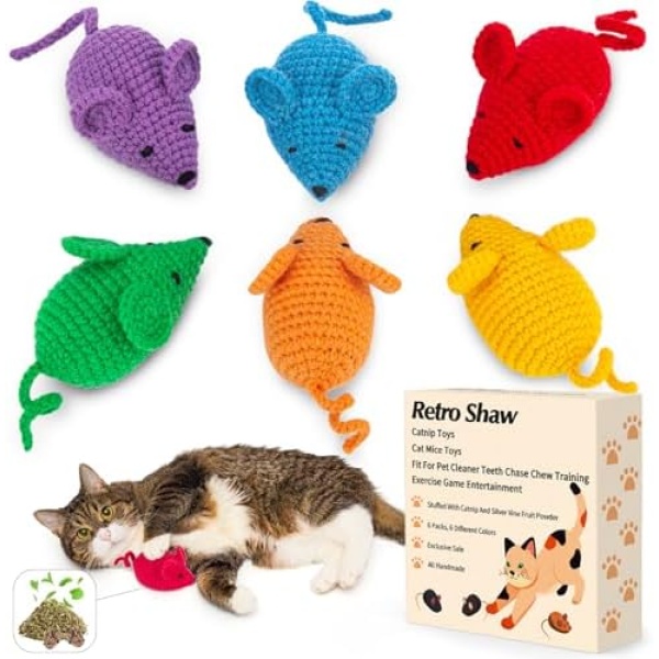 Retro Shaw Catnip Toys Crochet Mouse, 6 Pcs Yarn Cat Nip Mice Safe Teeth